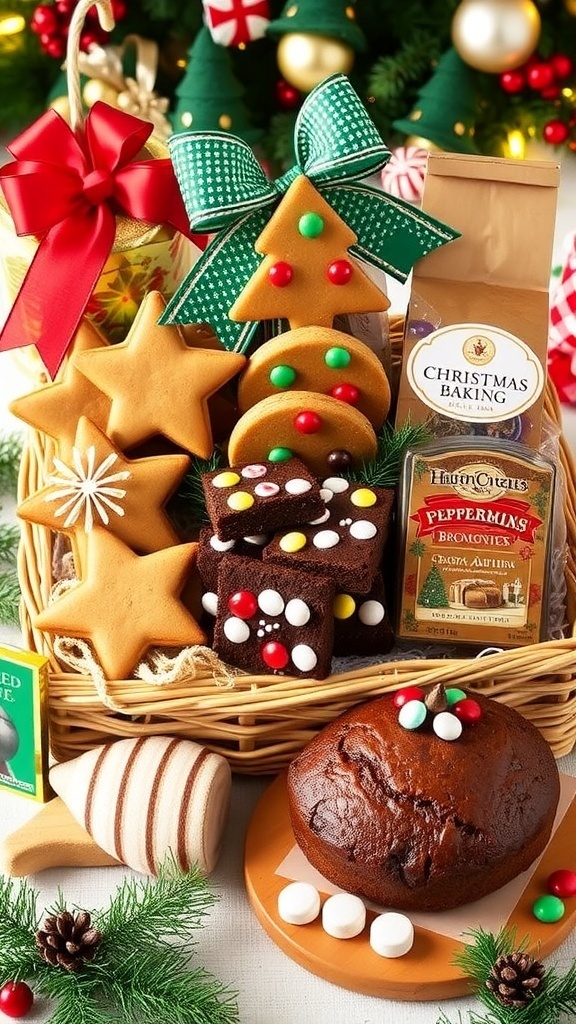 A festive Christmas baking hamper filled with gingerbread cookies, chocolate chip cookies, brownies, and fruitcake, decorated with ribbons.